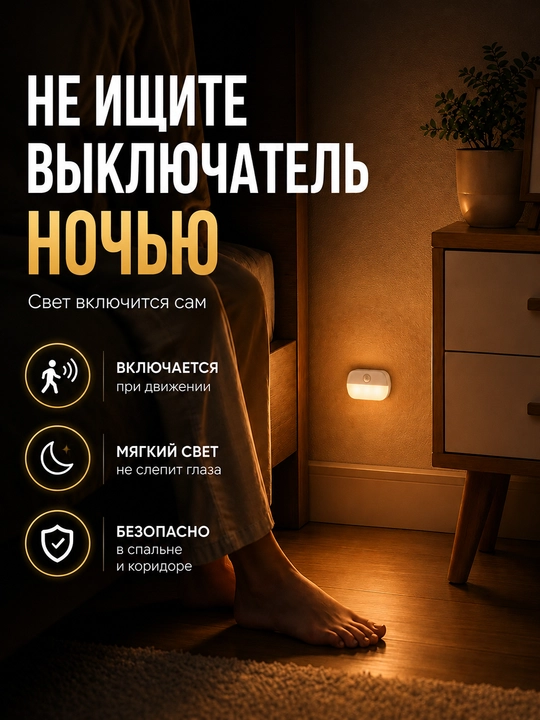 Harakat datchikli batareyali mini tungi chiroq, iliq/sovuq yorug‘lik