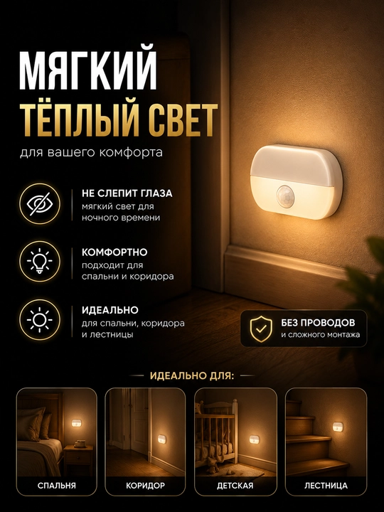 Harakat datchikli batareyali mini tungi chiroq, iliq/sovuq yorug‘lik