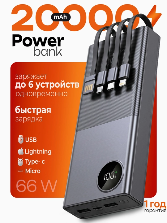 Внешний аккумулятор Power Bank 20000mA 66W, с быстрой зарядкой +4 кабеля - 