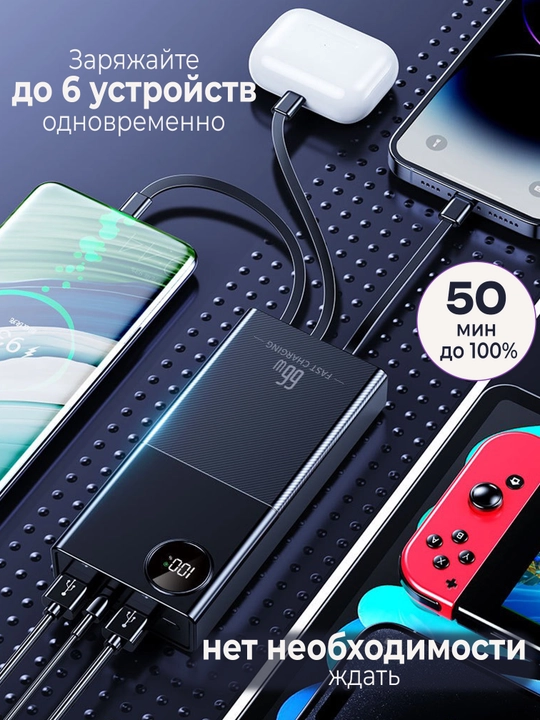 Внешний аккумулятор Power Bank 20000mA 66W, с быстрой зарядкой +4 кабеля