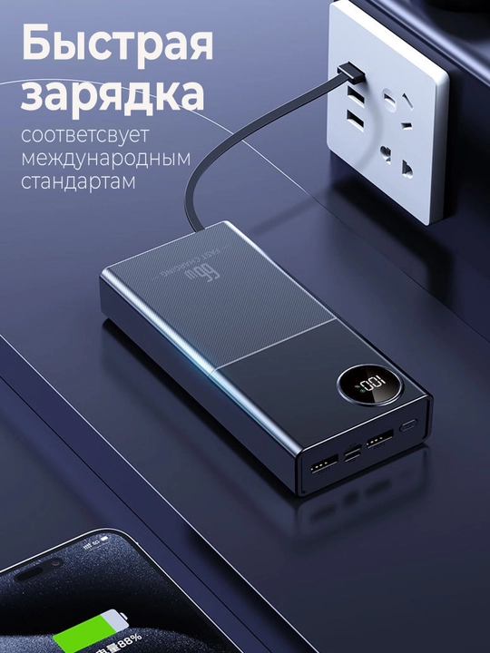 Внешний аккумулятор Power Bank 20000mA 66W, с быстрой зарядкой +4 кабеля
