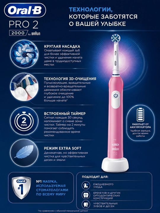 Oral-B Pro 2 2000 UltraThin elektr tish cho'tkasi, quvvatlanuvchi aqlli tish cho'tkasi