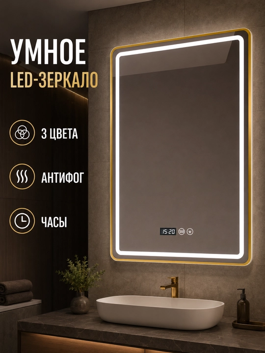 Зеркало для ванной 60×80 см, золотая рама, LED, 3 цвета, часы