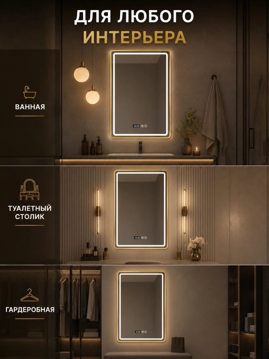Зеркало для ванной 60×80 см, золотая рама, LED, 3 цвета, часы