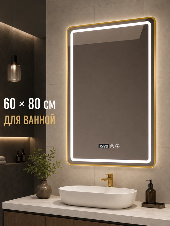 Зеркало для ванной 60×80 см, золотая рама, LED, 3 цвета, часы