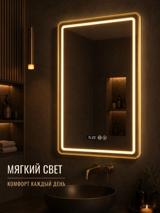Зеркало для ванной 60×80 см, золотая рама, LED, 3 цвета, часы