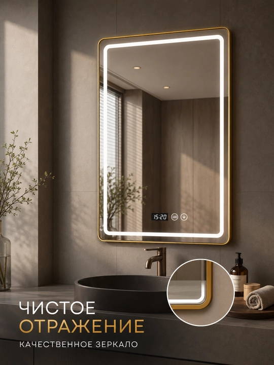 Зеркало для ванной 60×80 см, золотая рама, LED, 3 цвета, часы