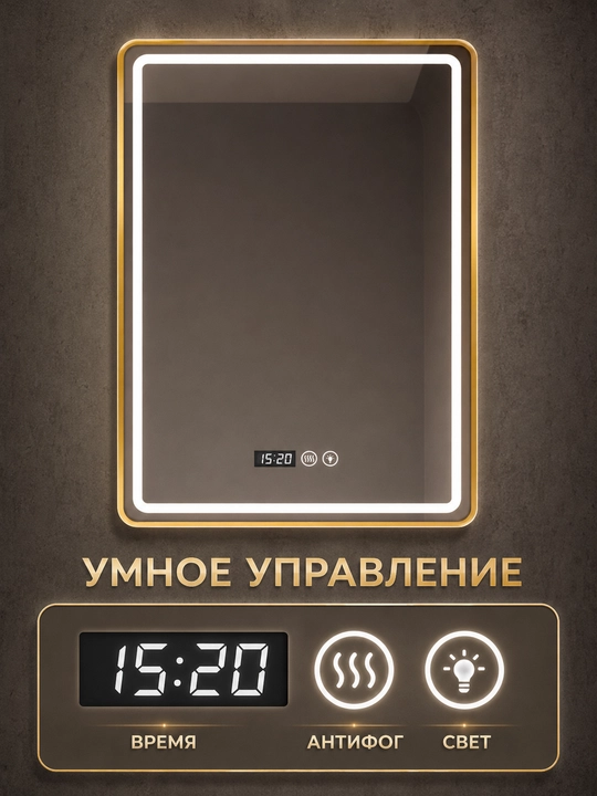 Зеркало для ванной 60×80 см, золотая рама, LED, 3 цвета, часы