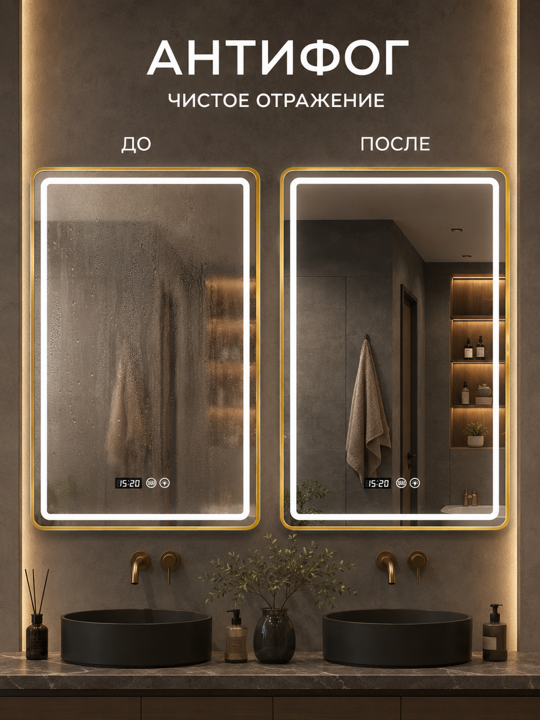 Зеркало для ванной 60×80 см, золотая рама, LED, 3 цвета, часы