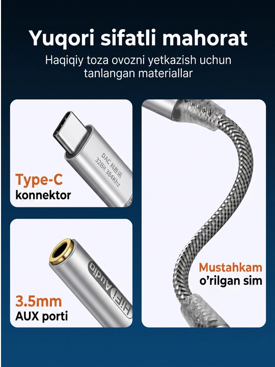 Kosen audio adapter Type-C dan 3.5mm jack quloqchinlar uchun perexodnik 16-32Bit/48-384kHz