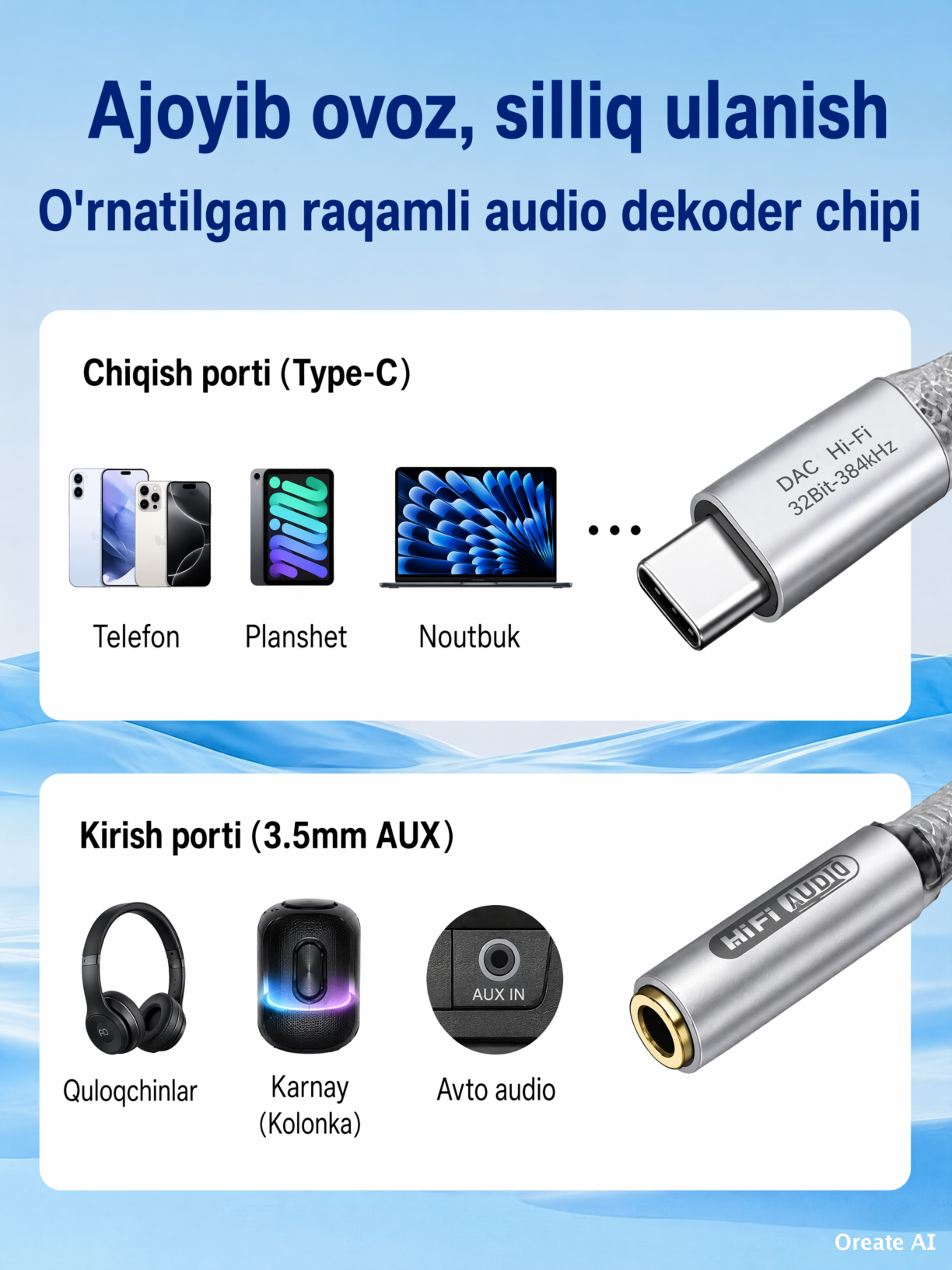 Kosen audio adapter Type-C dan 3.5mm jack quloqchinlar uchun perexodnik 16-32Bit/48-384kHz