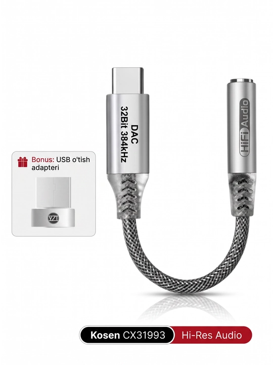 Kosen audio adapter Type-C dan 3.5mm jack quloqchinlar uchun perexodnik 16-32Bit/48-384kHz