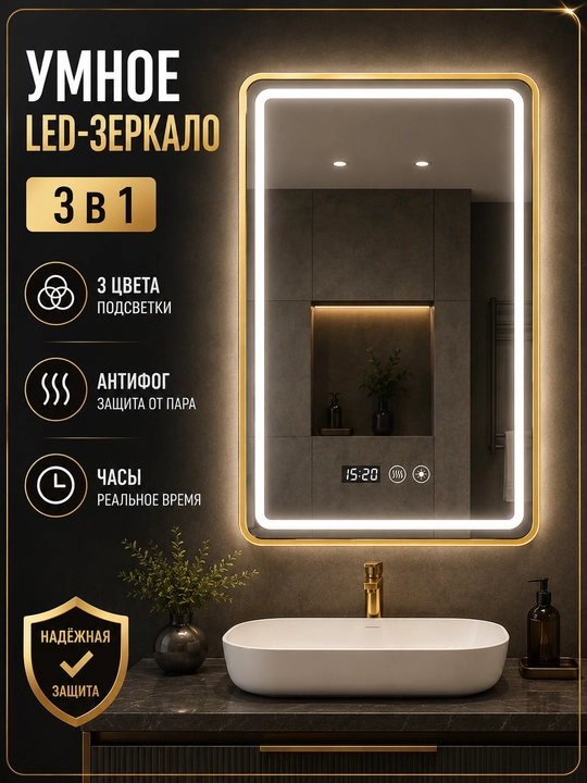 Зеркало для ванной 60×80 см, золотая рама, LED, 3 цвета, часы - 