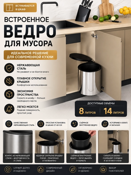 Встраиваемое мусорное ведро для кухонного шкафа - 
