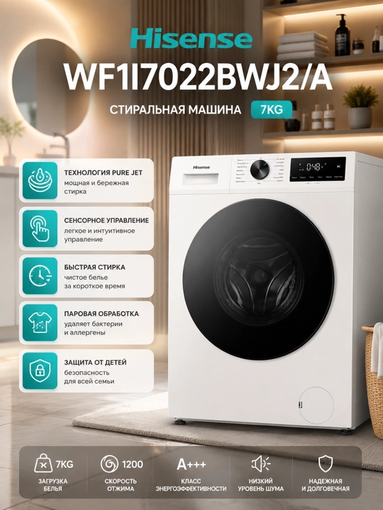 Стиральная машина Hisense 6,7 кг, Pure Jet, Steam Wash - 