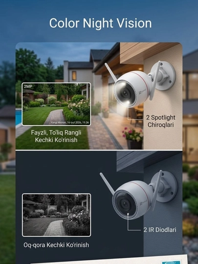 Wi-Fi tashqi kamera Ezviz H3c 4MP (2.8mm, rangli tungi tasvir, aqlli himoya)