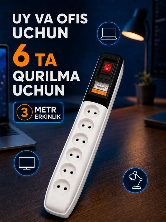 Uzaytirgich FS-388, 6 rozetkali, voltmetrli va kalitli elektr tarmoq filtri - 