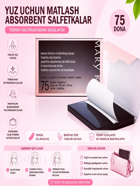 Mary Kay yuz uchun matiruyushiy salfetkalar, 75 dona