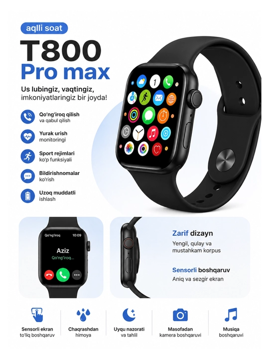 T800 Pro Max aqlli soat, Bluetooth qo‘ng‘iroq, sensorli ekran, sport rejimlari - 