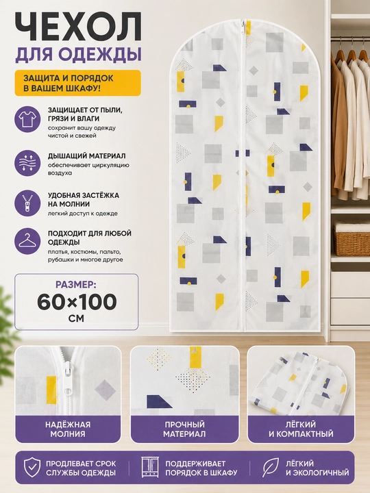 Чехол для одежды 120x60 см, прозрачный золотая окантовка без замка - 