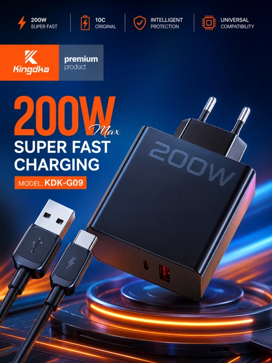 KDK-G09 tez zaryadlovchi qurilmasi, 200W, USB-A + Type-C kabeli bilan, 2 ta port - 