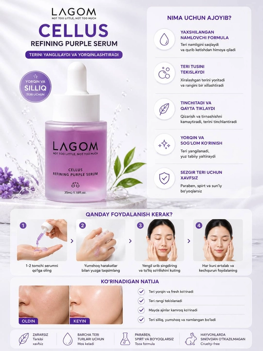LAGOM Cellus Refining Purple Serum 35 ml – yuz uchun tiklovchi serum - 