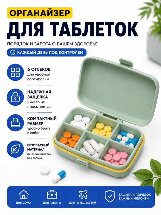 Таблетница на 6 ячеек,органайзер для таблеток и витаминов, контейнер для лекарств дорожный - 