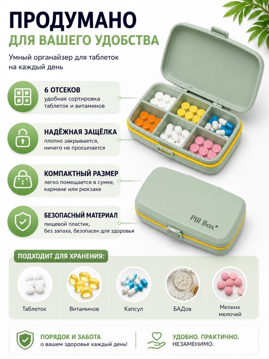 Dori idish haftalik portativ organayzer, dori-darmon qutisi, pillbox konteyner, 6 katakli