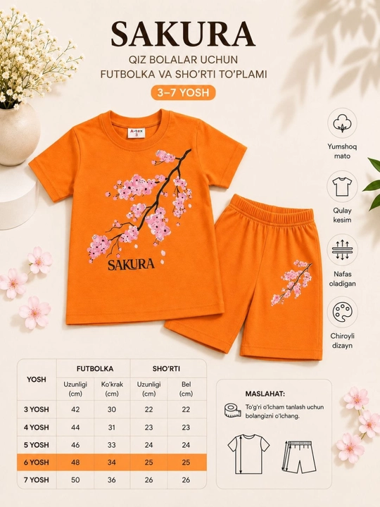 Bolalar kamplekti, Qiz bolalar uchun futbolka-shortilar, razmer 3-4-5-6-7 yosh