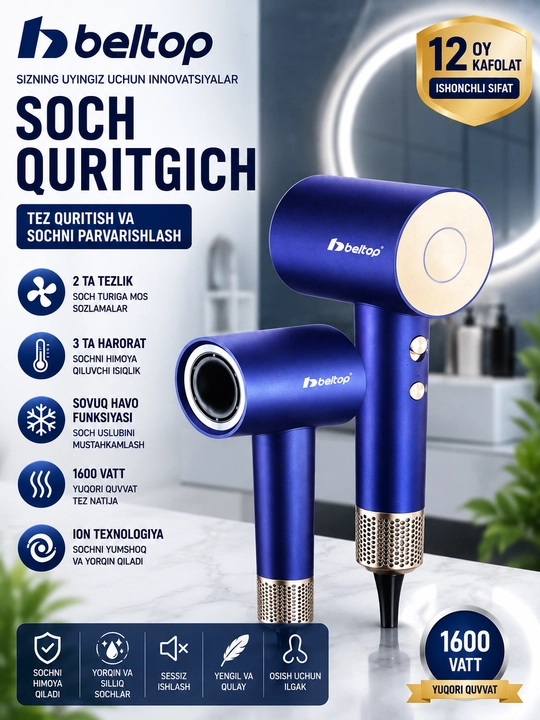 Beltop 1600W Soch Quritgich – Tez, xavfsiz va qulay parvarish - 