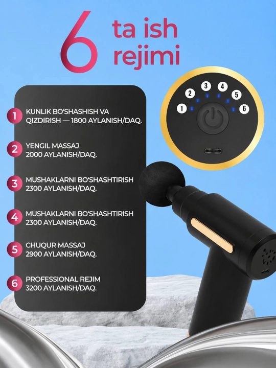 Elektr massaj pistoleti Massage Gun, 4 ta nasadkali portativ mushak massajeri