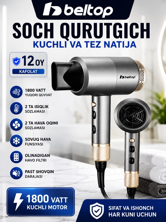 Beltop 1800W Soch Quritgich – Kuchli motor, tez quritish va professional natija - 