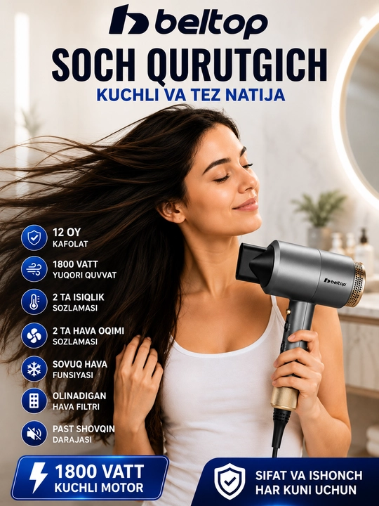 Beltop 1800W Soch Quritgich – Kuchli motor, tez quritish va professional natija