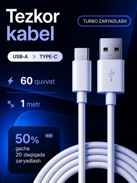 Tez zaryadlovchi qurilmasi, type-c/ usb kabeli,80 sm - 