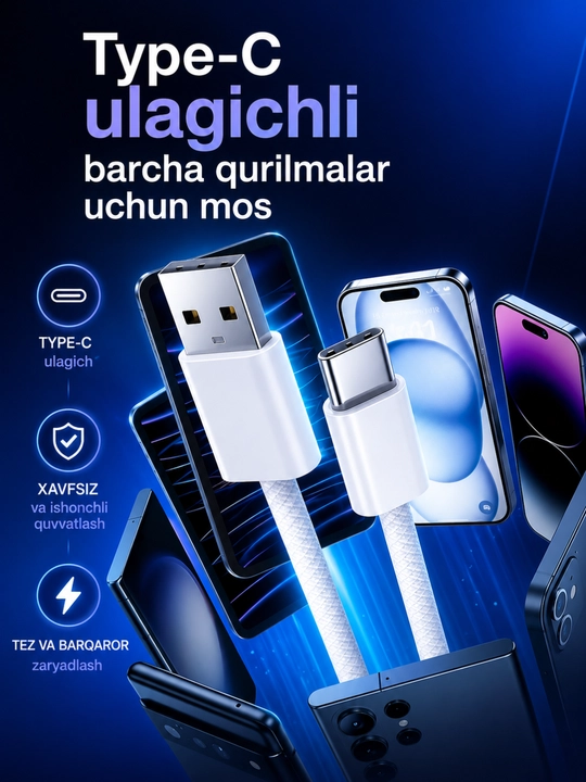 Быстрое зарядное устройство, кабель Type-C/USB, 80 см