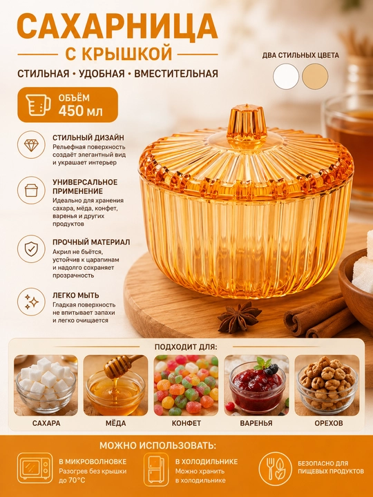 Сахарница из акрила с крышкой рельефная. Для микроволновки и холодильника - 