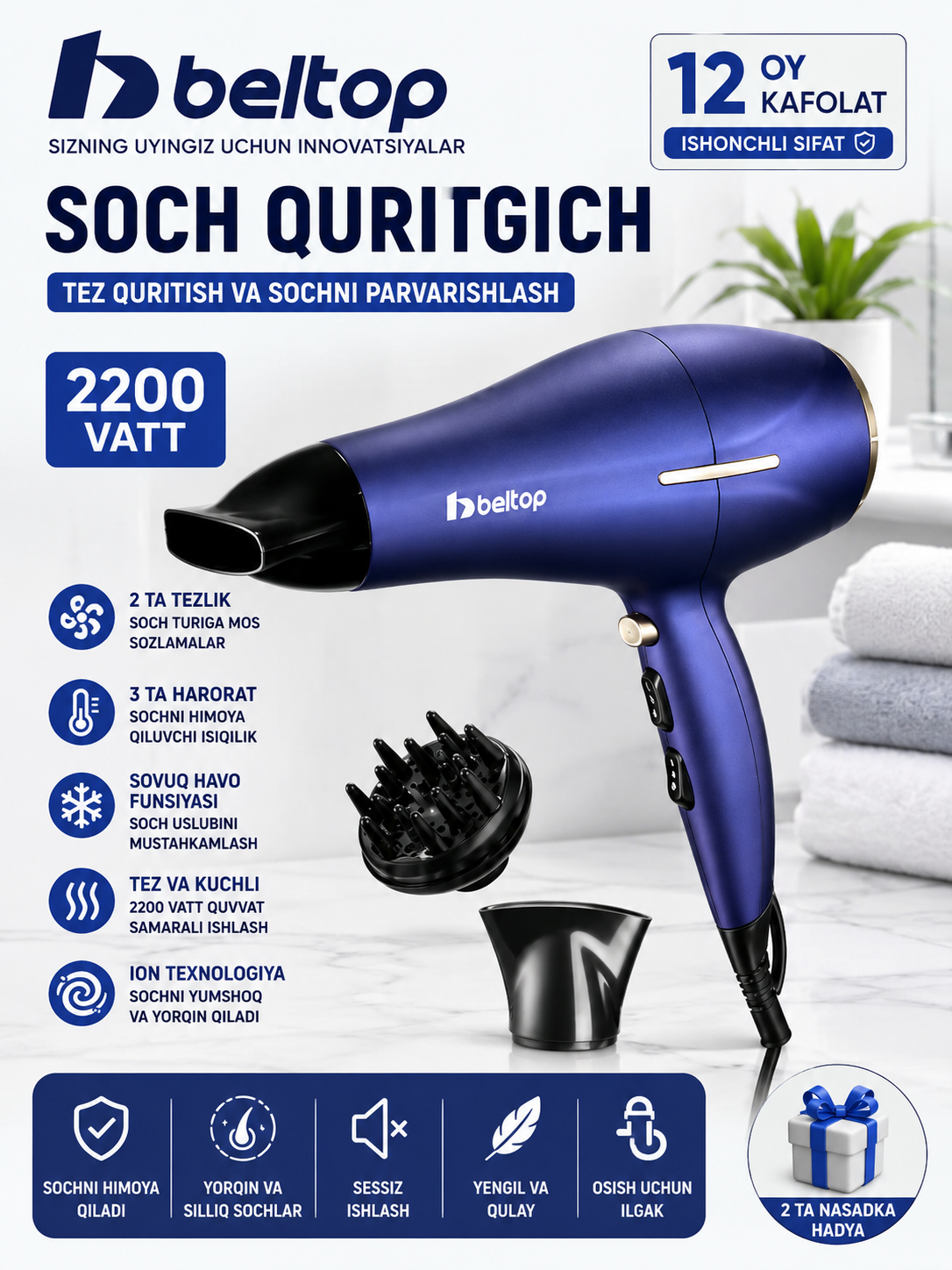 Beltop 2200 Vt ionli professional soch quritgich - 