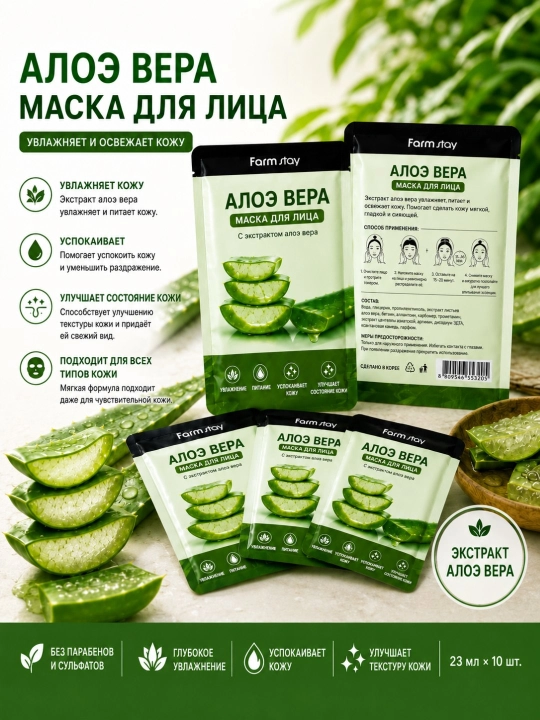 Тканевые маски для лица Farmstay Aloe Vera и Acerola – увлажнение и сияние кожи