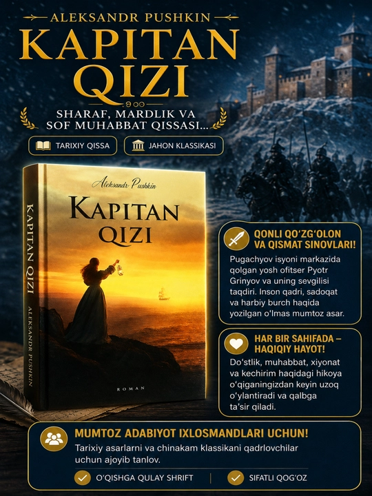 Kapitan qizi. Aleksandr Pushkin. Tarixiy qissa. Jahon adabiyoti durdonasi. O'zbek tilida