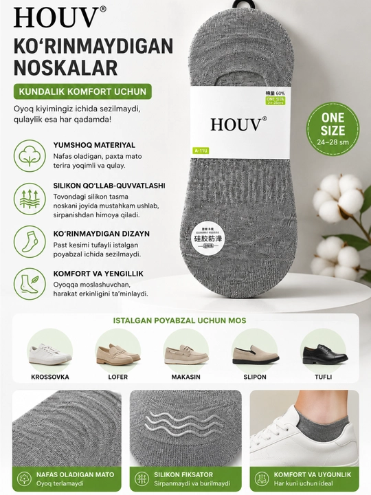 Erkaklar uchun ko‘rinmaydigan kalta paypoq naski paxtali bir juft - 