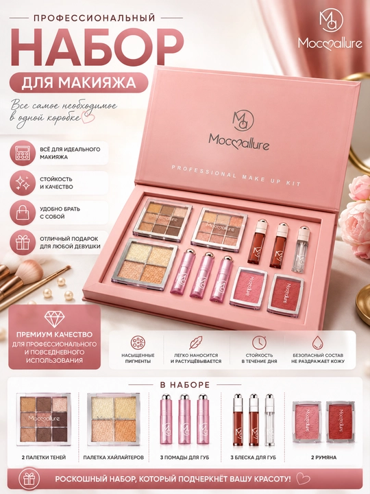 Набор косметики Mocallure Professional Make Up Kit, палетка теней, блеск, румяна