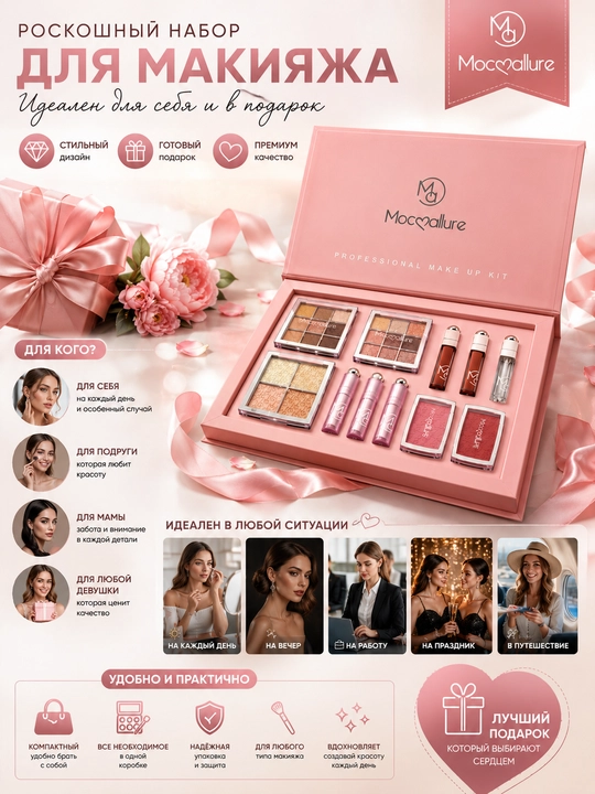 Набор косметики Mocallure Professional Make Up Kit, палетка теней, блеск, румяна