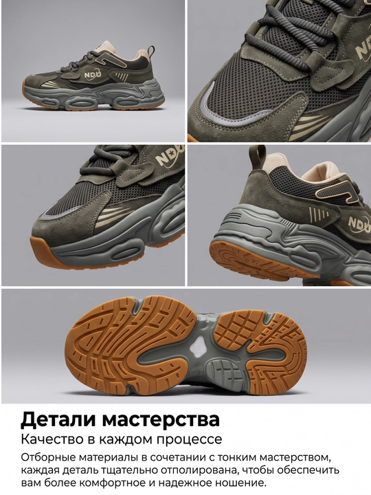 Кроссовки NDU мужские, хаки массивная подошва дышащие