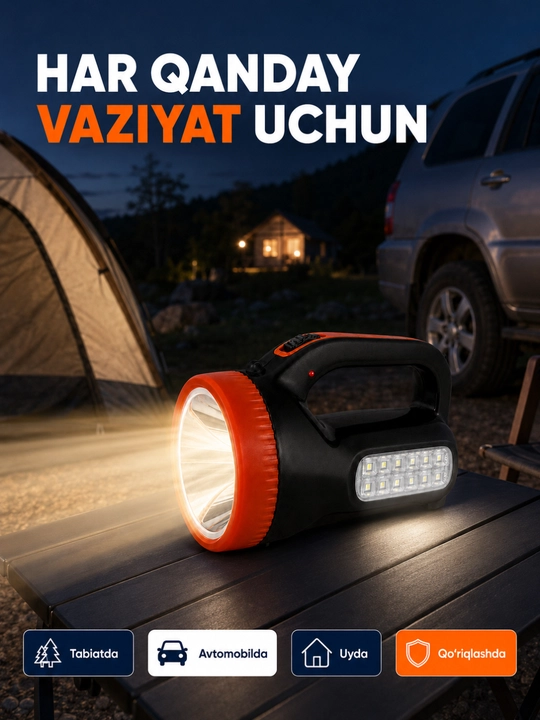 Yorug‘lik diodli fonar, akkumulyatorli, kuchli fonar, kemping va ov uchun