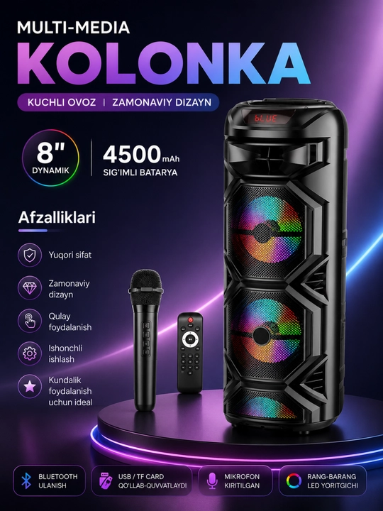 Ko‘p funksiyali Bluetooth karaoke kolonkasi RGB LED, simsiz mikrofon va pult bilan - 