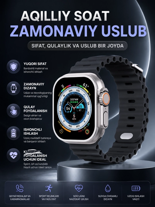 Premium aqlli soat — zamonaviy dizayn, ko‘p funksiya va qulay kundalik foydalanish - 