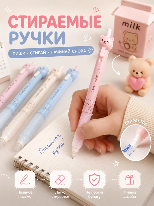 Ручкa, 0,5 мм Lovely Bear набор ручек ,cтираемые ручки набор из 2, 4, 6, 12 шт