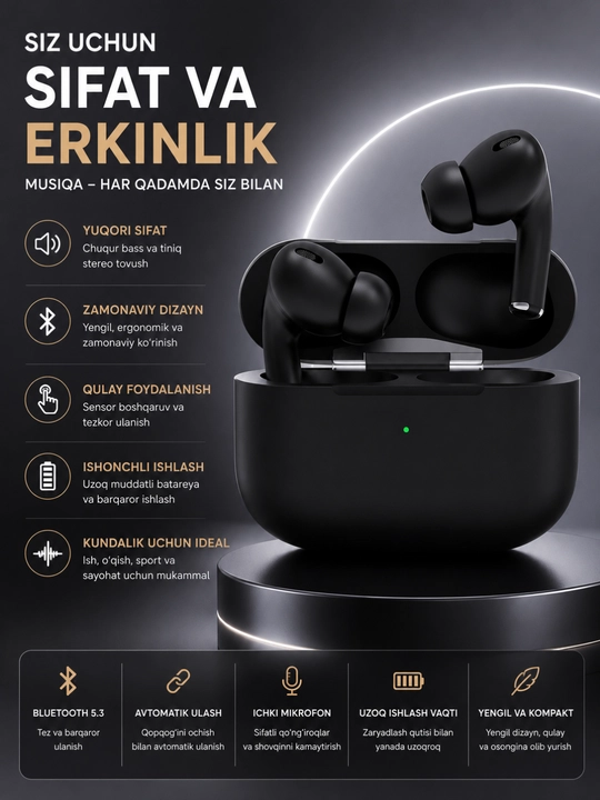 Simsiz Bluetooth Quloqlik – Bluetooth 5.3, Sensor Boshqaruv va HD Mikrofonli Earbuds - 