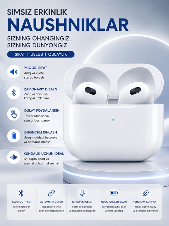 Simsiz Bluetooth Quloqlik – Bluetooth 5.3, Sensor Boshqaruv va HD Stereo Ovoz - 