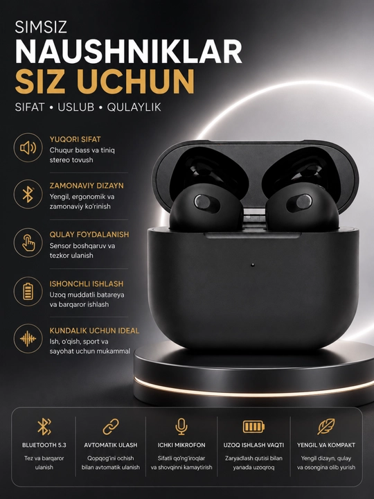 Simsiz Bluetooth Quloqlik – Bluetooth 5.3, Sensor Boshqaruv va HD Stereo Ovoz - 